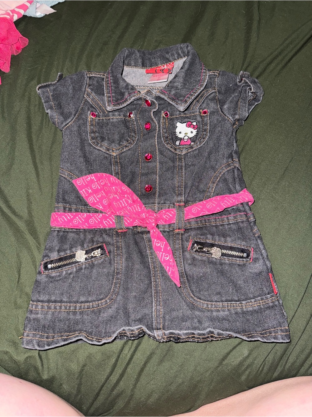 Hello Kitty Dark Denim Dress with Red Label and Pink Stitching